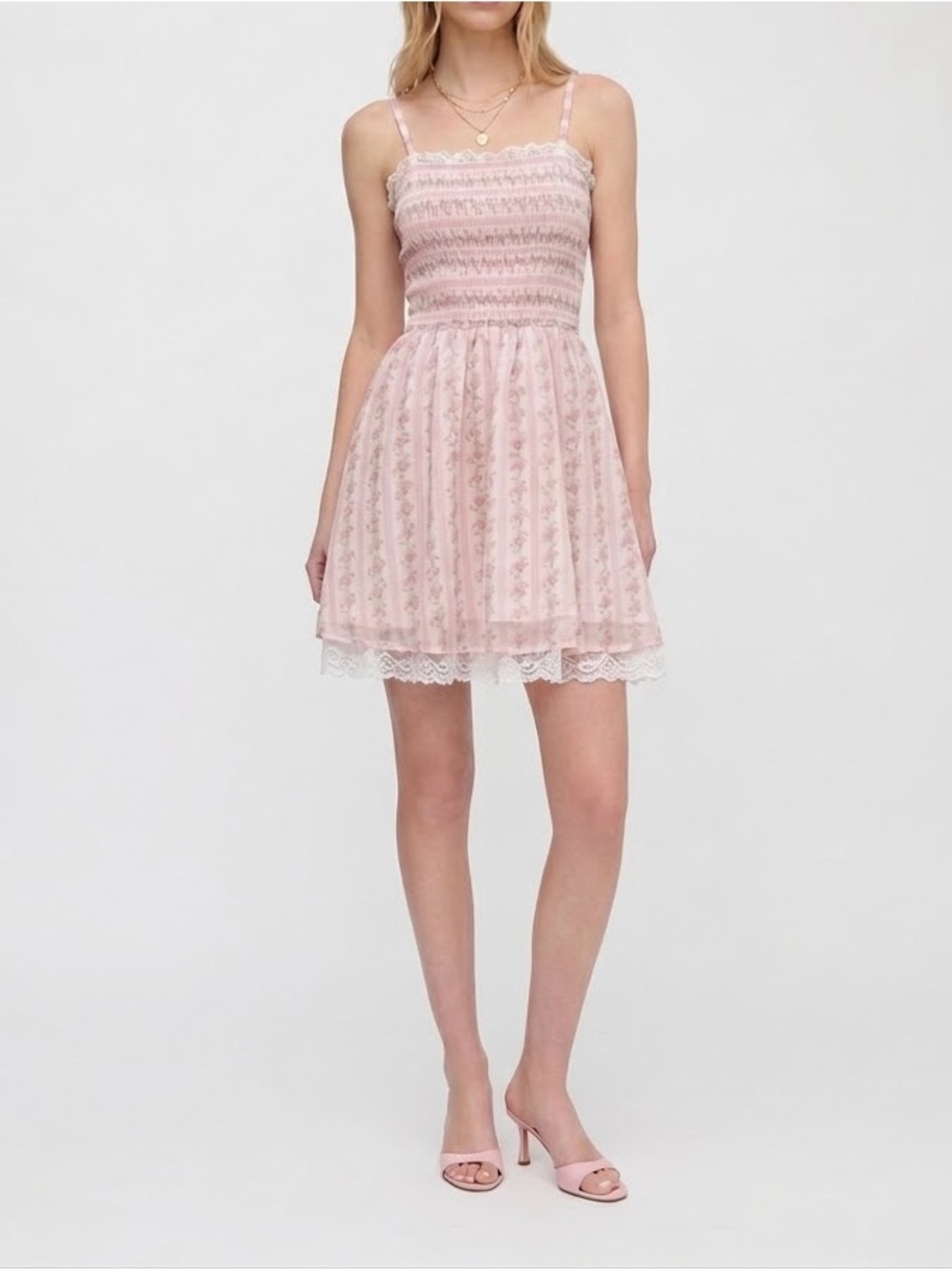 🌸 Dear Moon Pink Floral Smocked Lace Trim Cami Mini Dress Womens M